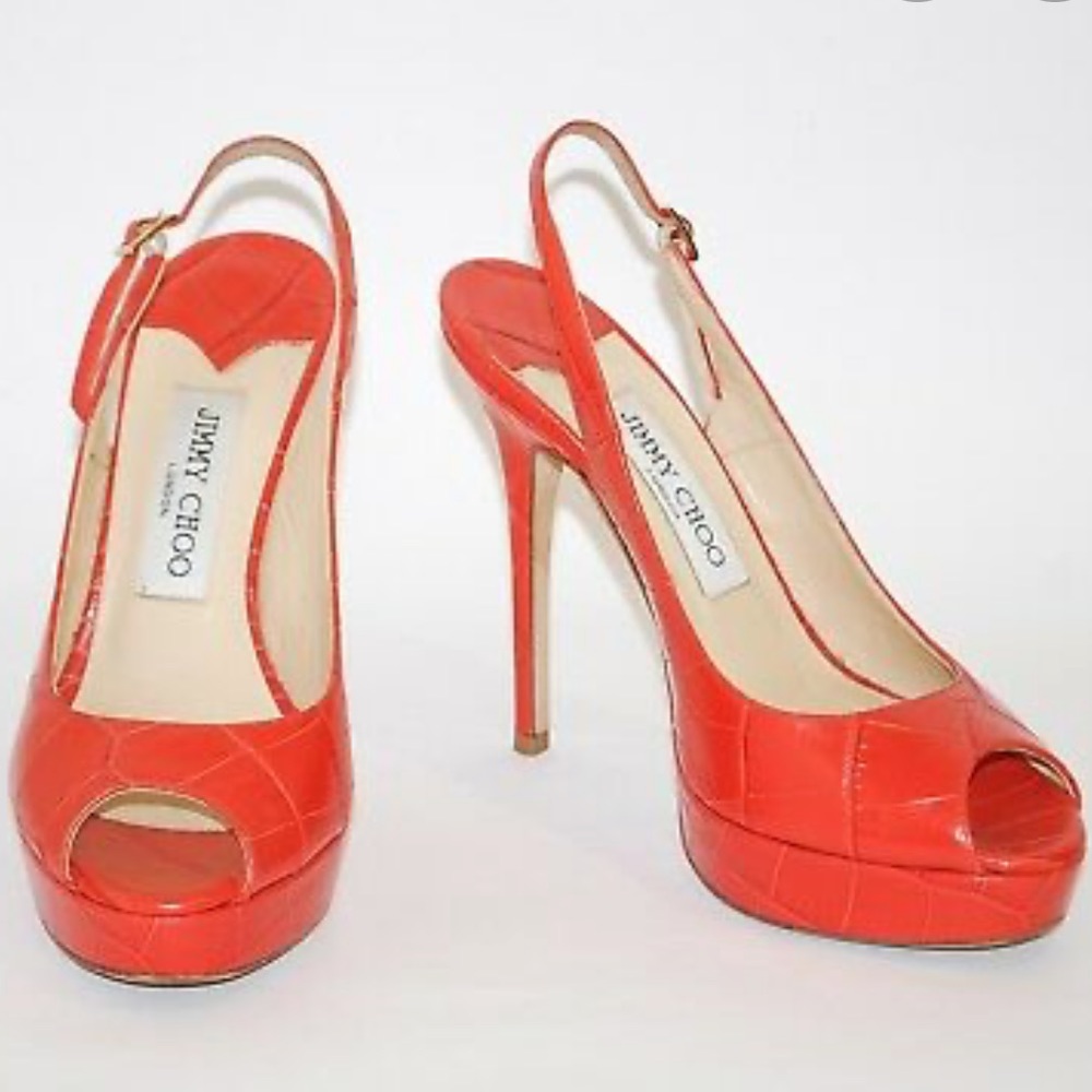 Jimmy Choo Croc Embossed Peep Toe Sling Back Pumps